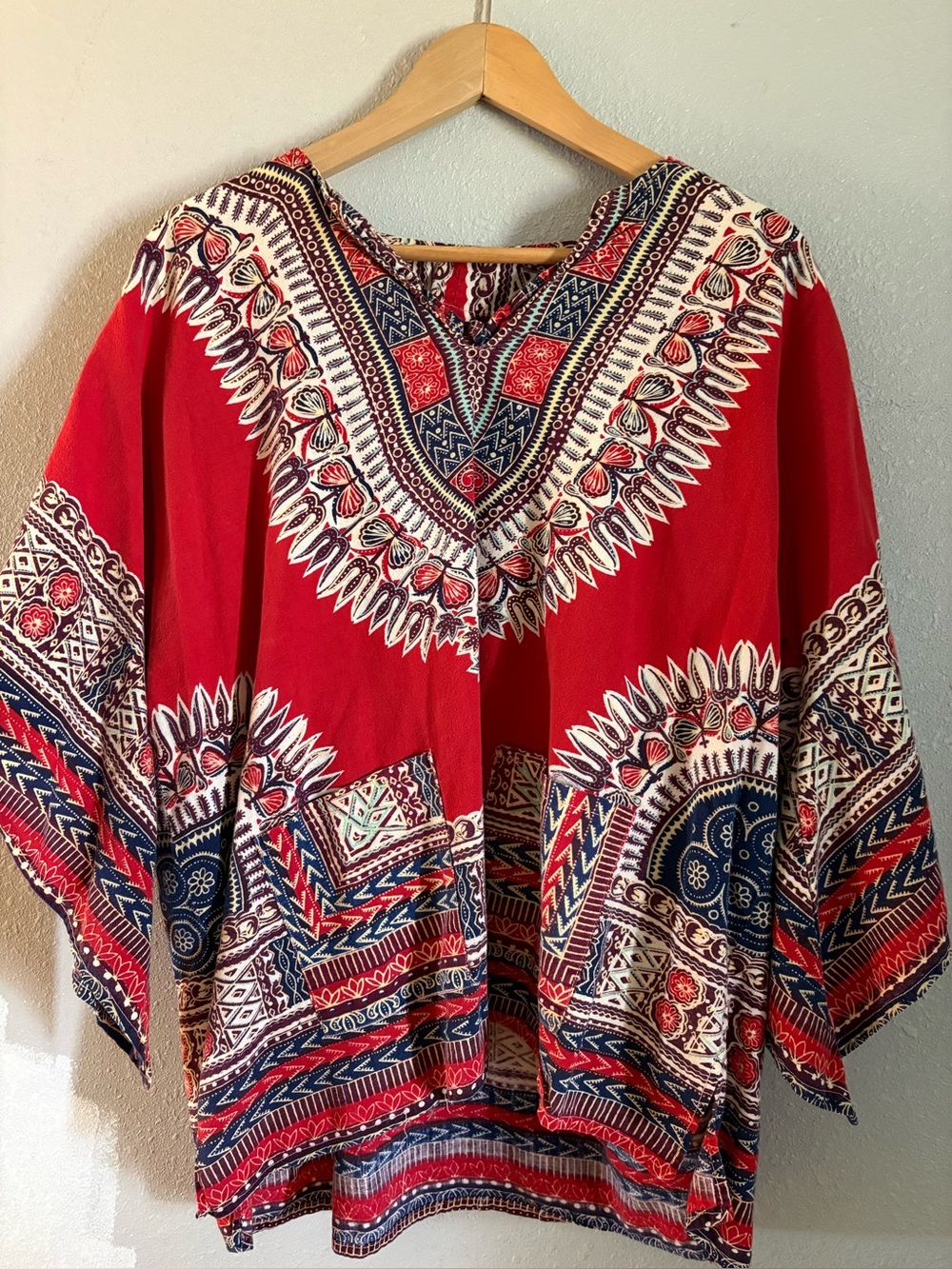 Vintage 1970s Dashiki Red Cotton Printed V-Neck Top w/ Angel Wing Sleeves